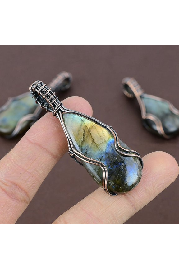 Natural Labradorite Gemstone Handmade Copper Wire Wrap Pendant 2.56"