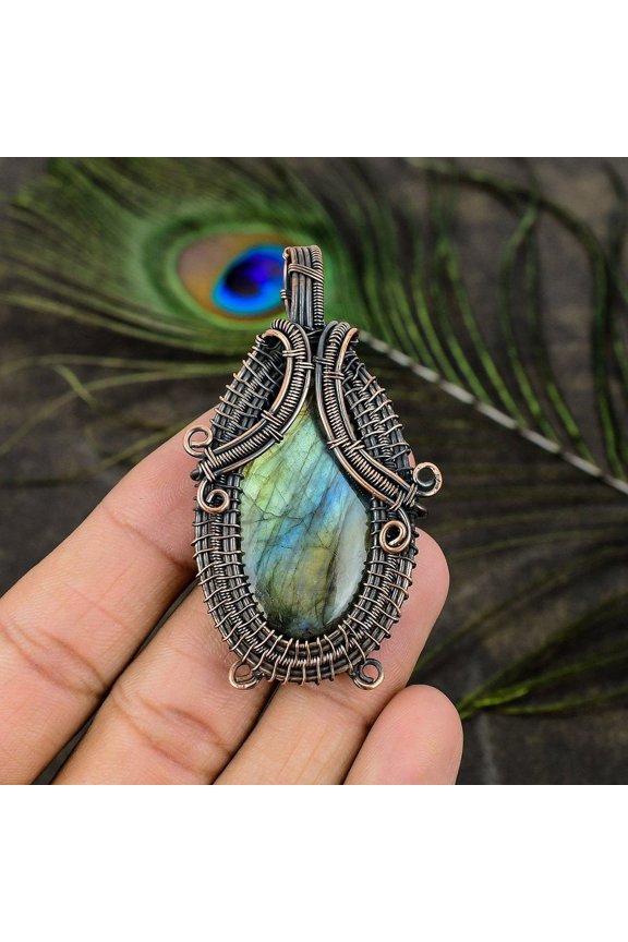 Natural Labradorite Gemstone Handmade Copper Wire Wrap Pendant 2.68"