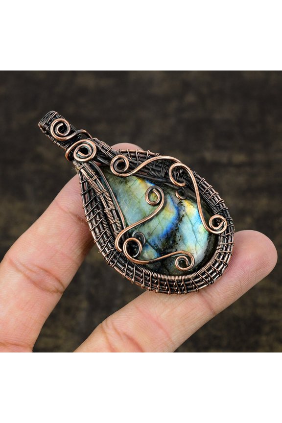 Natural Labradorite Gemstone Handmade Copper Wire Wrap Pendant 2.96"