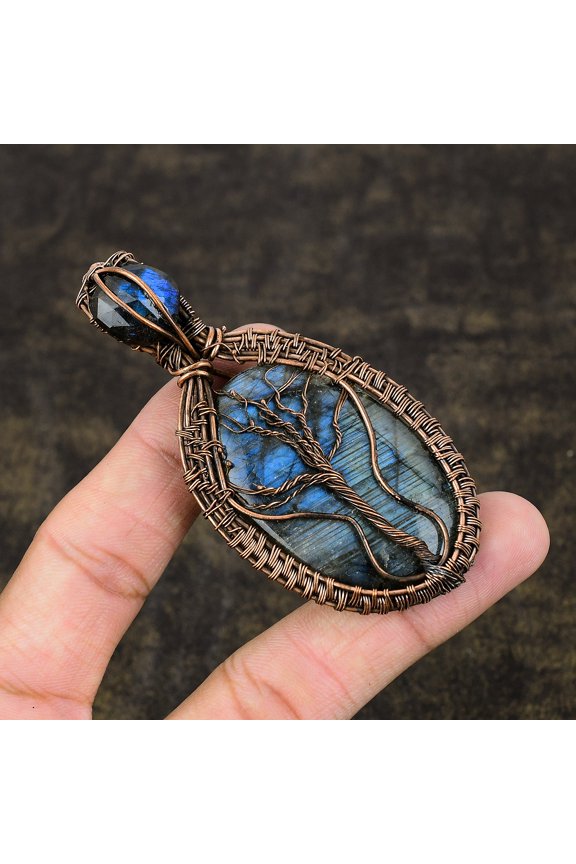 Natural Labradorite Gemstone Handmade Copper Wire Wrap Pendant 3.27"