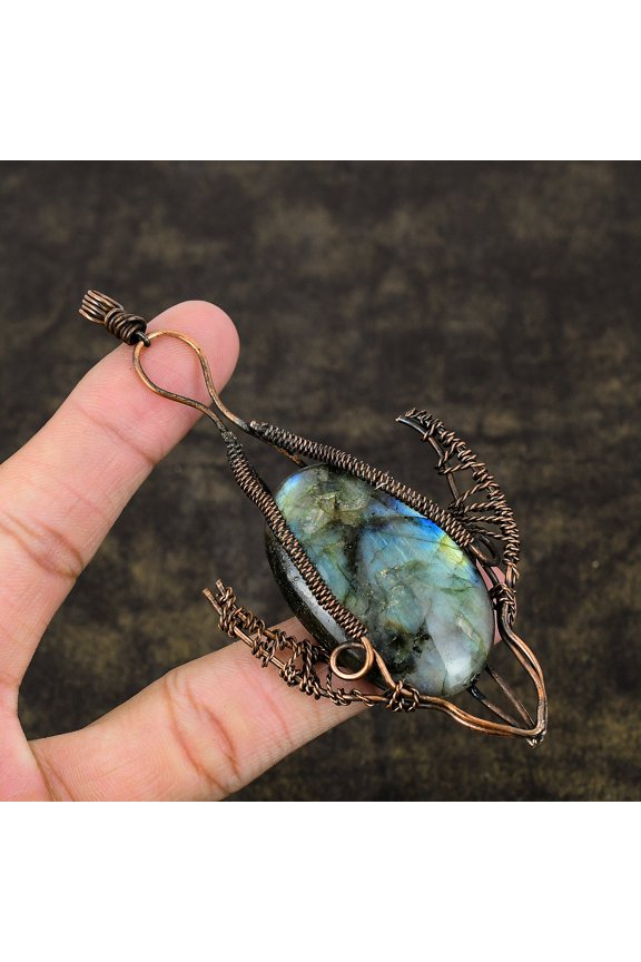 Natural Labradorite Gemstone Handmade Copper Wire Wrap Pendant 4.13"