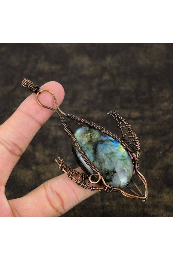 Natural Labradorite Gemstone Handmade Copper Wire Wrap Pendant 4.14"