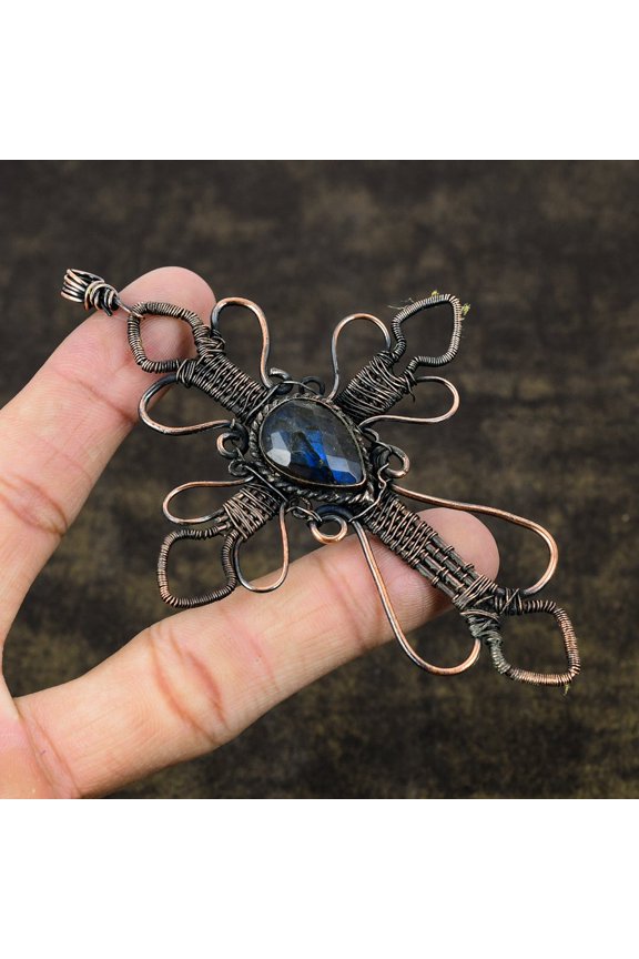 Natural Labradorite Gemstone Handmade Copper Wire Wrap Pendant 4.33"