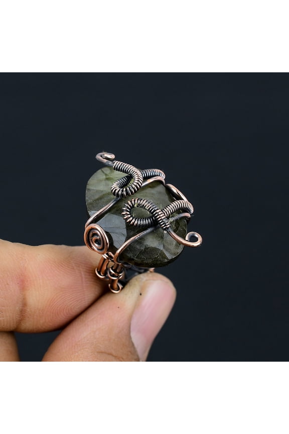 Natural Labradorite Gemstone Handmade Copper Wire Wrap Ring Size 4.5