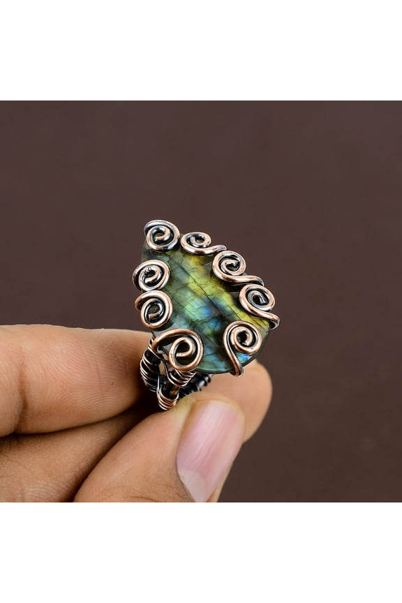 Natural Labradorite Gemstone Handmade Copper Wire Wrap Ring Size 7.5