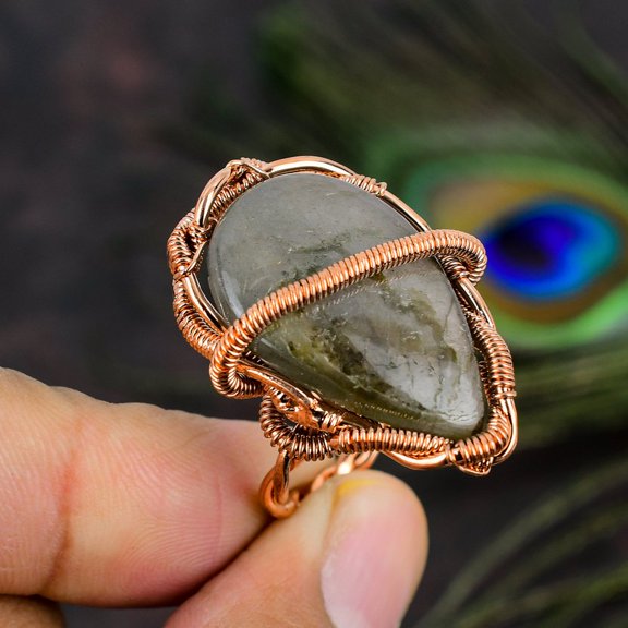 Natural Labradorite Gemstone Handmade Copper Wire Wrap Ring Size 8.5