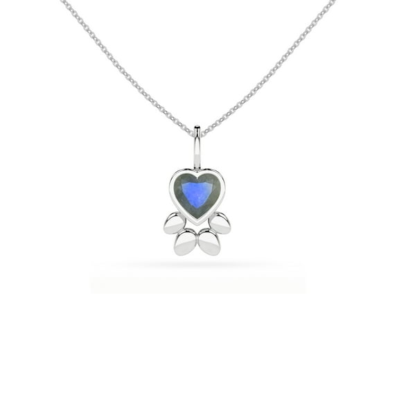 Natural Labradorite Heart-Cut Paw Shape Pendant Necklace in Sterling Silver for Women with 18-inch Adj. Chain,November Birthstone Jewelry for Her Birthday,Wedding Anniversary,Christmas,Mothers Day