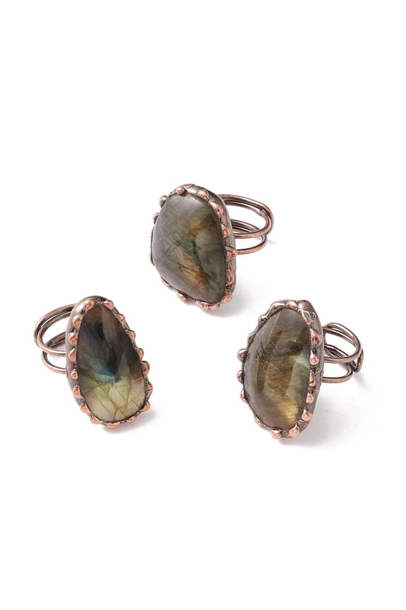 Natural Labradorite Irregular Nugget Open Cuff Ring Red Copper Brass Wire Wrap Chunky Ring for Women Cadmium Free & Lead Free Size 7 1/4(17.5mm) DIY