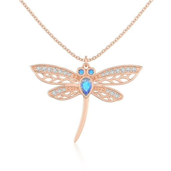 Natural Labradorite with Moissanite Dragonfly Shape Pendant Necklaces for Women in 18K Rose Gold Vermeil, November Birthstone Jewelry Gift Her Birthday, Anniversary, Mothers Day, Party, Valentines