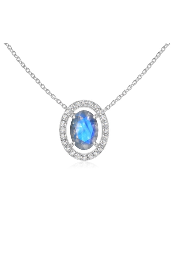Natural Labradorite with Moissanite Solitaire Halo Oval Pendant Necklaces for Women in Sterling Silver,November Birthstone Jewelry Gifts for Her Birthday, Anniversary, Party, Mothers Day, Valentines