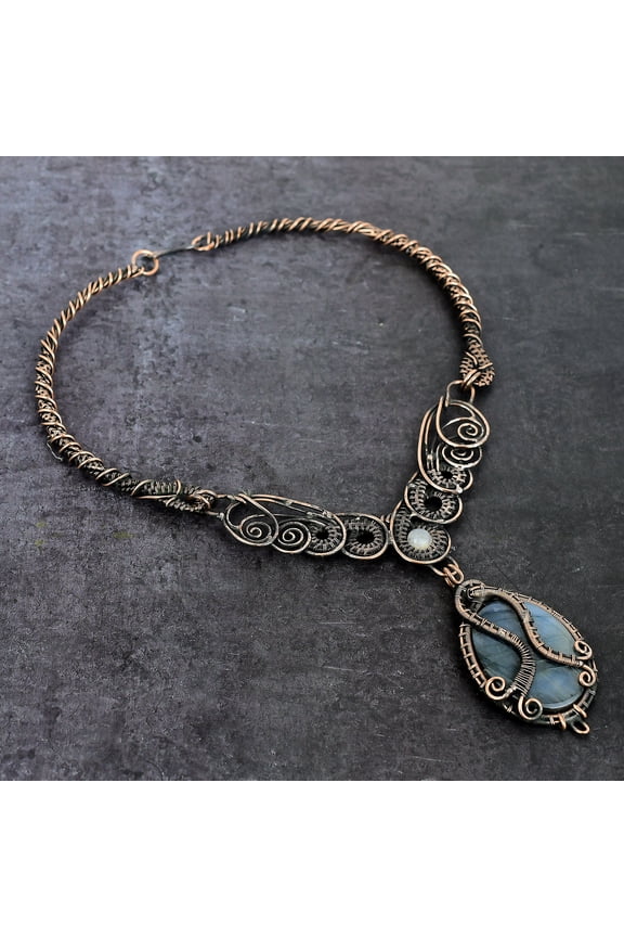 Natural Labradorite, Moonstone Copper Wire Wrap Jewelry Necklace 18"