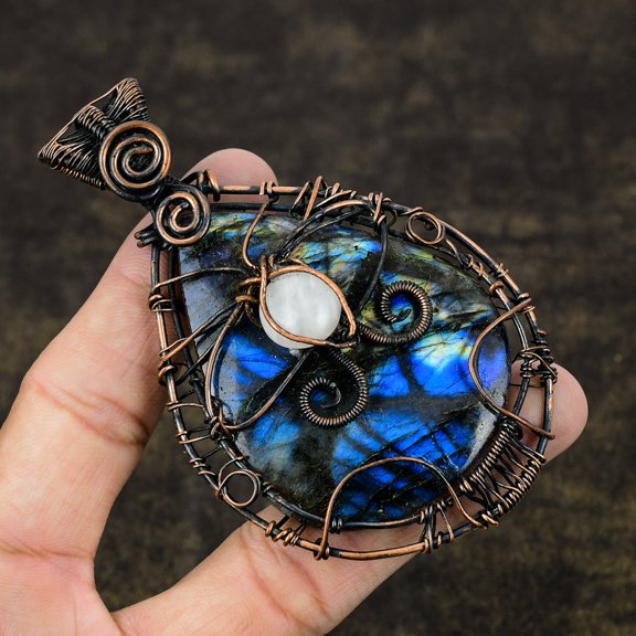 Natural Labradorite, Moonstone Gemstone Copper Wire Wrap Pendant 3.78"