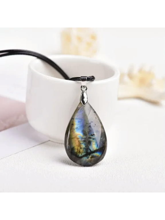 Natural Labradorite Oval Water Drop Necklace Crystal Pendant Stone Reiki Healing