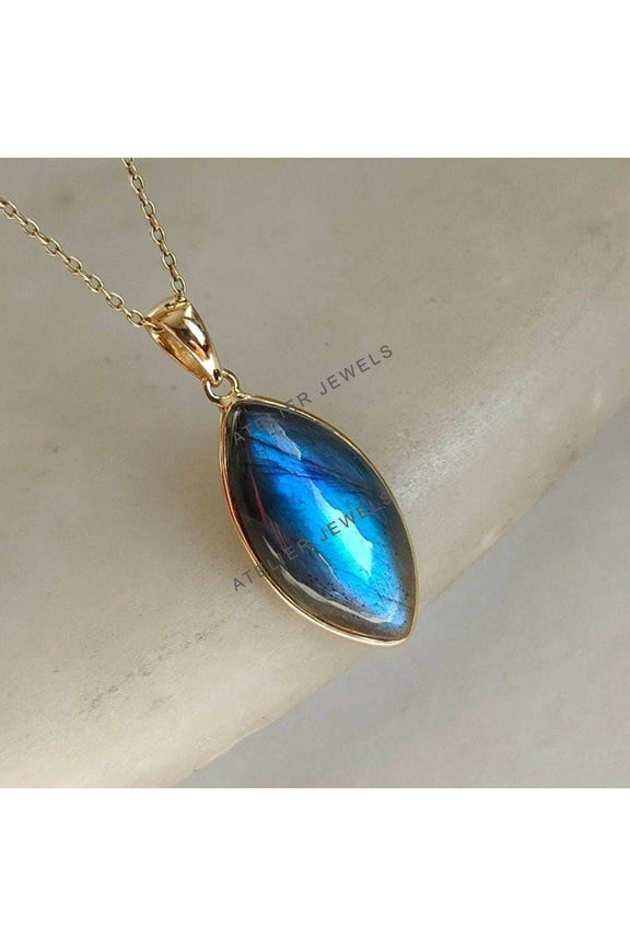 Natural Labradorite Pendant, 14K Solid Yellow Gold Labradorite Pendant, August Birthstone Pendant, Blue Labradorite Jewelry, Christmas Gift