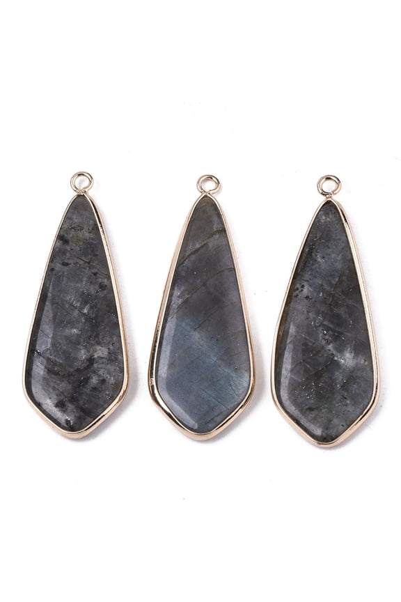 Natural Labradorite Pendants with Light golden Plated Brass Edge and Loop Teardrop 49x18x4.5mm Hole: 2.5mm