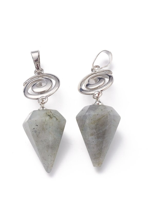 Natural Labradorite Pendants with Platinum Brass Snap on Bails Votex/Om Symbol/Tree of Life/Flower of Life/Star of David Cone Pendulum 48mm Hole: 8mm