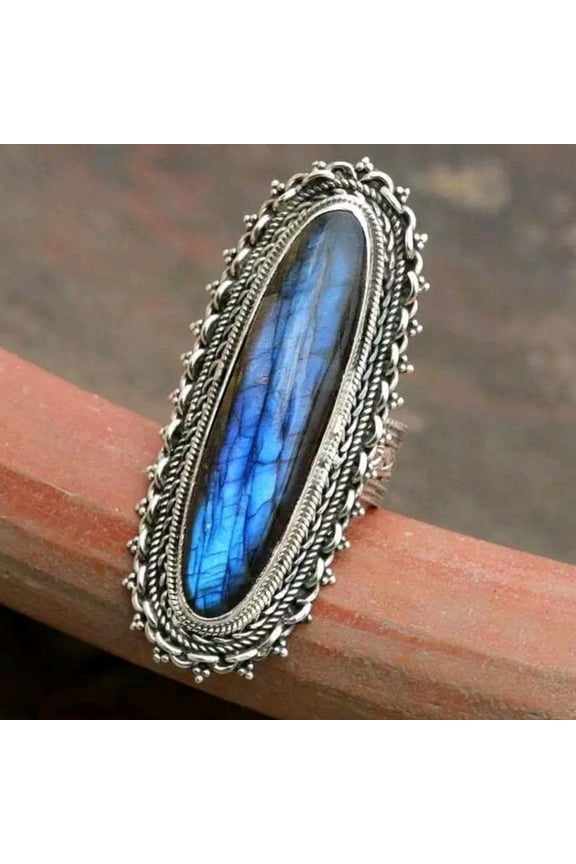 Natural Labradorite Ring, Long Oval Shape Ring, Wide Band Ring, Designer Ring, Gemstone Ring, Blue Fire Labradorite, Statement Silver Ring**