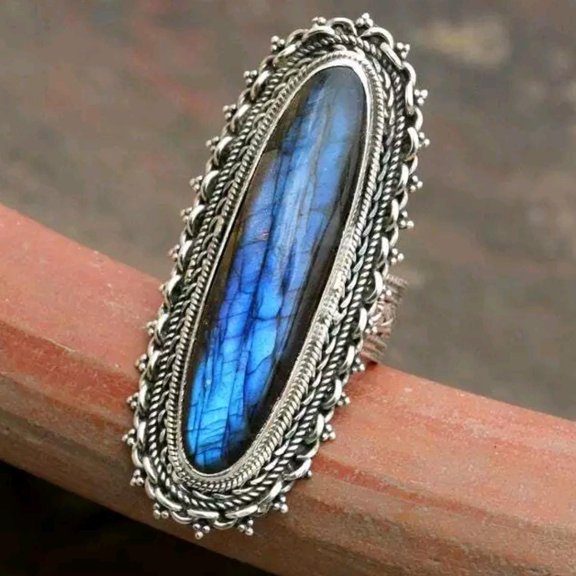 Natural Labradorite Ring, Long Oval Shape Ring, Wide Band Ring, Designer Ring, Gemstone Ring, Blue Fire Labradorite, Statement Silver Ring**
