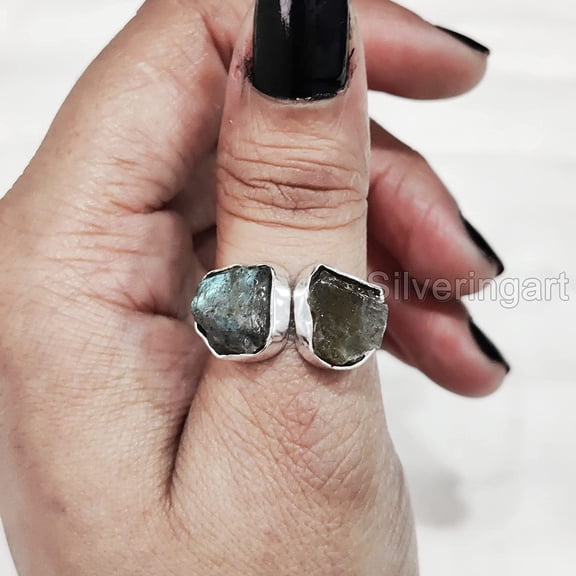 Natural Labradorite Ring, Rough Labra Gemstone Ring, Adjustable 2 Stone Ring, 925 Sterling Silver, Womens Ring, Christmas, Thanksgiving, Handmade, Statement Jewelry, Rough Gemstone Jewelry