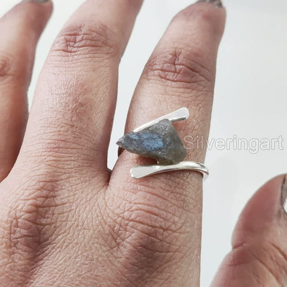 Natural Labradorite Ring, Rough Labra Gemstone Ring, Birthstone, Cross Band, 925 Sterling Silver, Womens Ring, Christmas, Thanksgiving, Handmade, Statement Jewelry, Rough Gemstone Jewelry