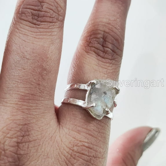 Natural Labradorite Ring, Rough Labra Gemstone Ring, Birthstone, Hammered 2 Band, 925 Sterling Silver, Womens Ring, Christmas, Thanksgiving, Handmade, Statement Jewelry, Rough Gemstone Jewelry