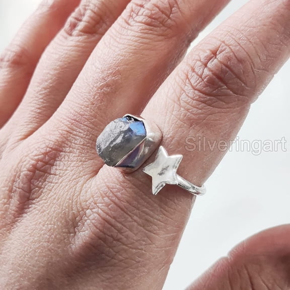 Natural Labradorite Ring, Rough Labra Gemstone Ring, Birthstone, Star Ring, 925 Sterling Silver, Womens Ring, Christmas, Thanksgiving, Handmade, Statement Jewelry, Rough Gemstone Jewelry