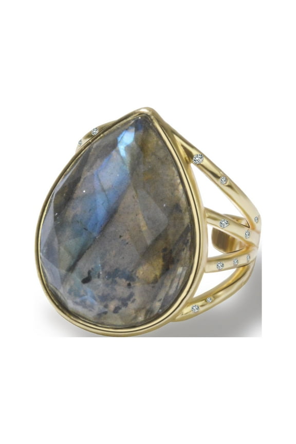 Natural Labradorite Ring, Teardrop Healing Crystal Ring for Women, Gold Plated with Cubic Zircon Band, Boho Gemstone Jewelry Gift for Her