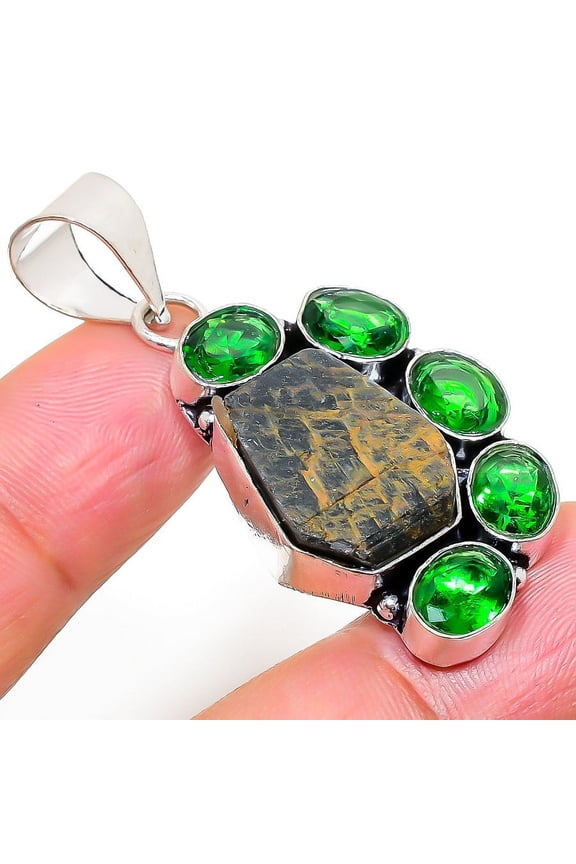 Natural Labradorite Rough,Diopside Stone 925 Sterling Silver Pendant 1.97"