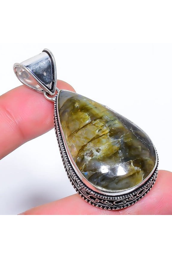 Natural Labradorite Rough Gemstone 925 Silver Plated Pendant 2.3" (6877)