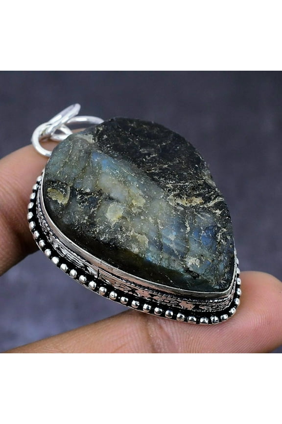 Natural Labradorite Rough Gemstone 925 Steling Silver Pendant 2.25"