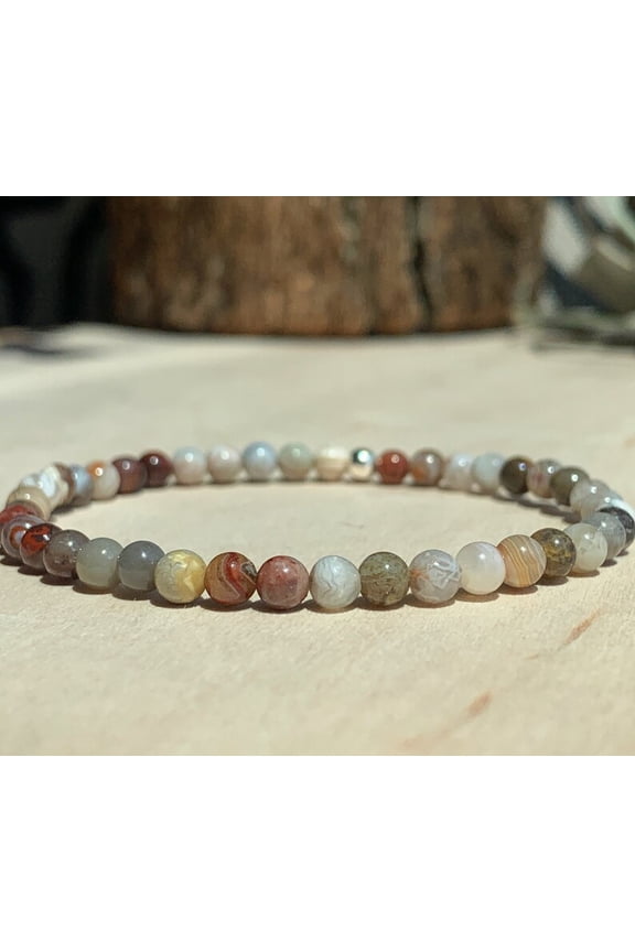 Natural Laguna Lace Agate 4mm Round Shape Smooth Cut Beads Stretchable Bracelet for Men & Women.