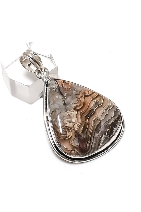 Natural Laguna Lace Agate 925 Sterling Silver Jewelry Pendant 2.01"