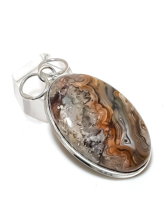 Natural Laguna Lace Agate 925 Sterling Silver Jewelry Pendant 2.36"