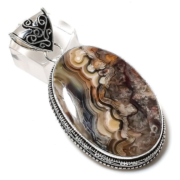 Natural Laguna Lace Agate Gemstone 925 Sterling Silver Pendant 2.48"