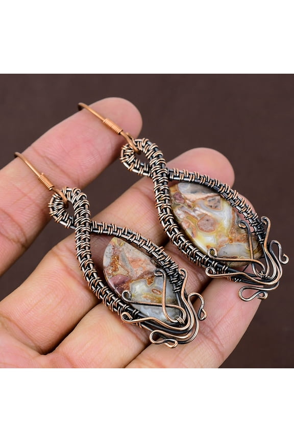 Natural Laguna Lace Agate Gemstone Copper Wire Wrap Gift Earring 3.07
