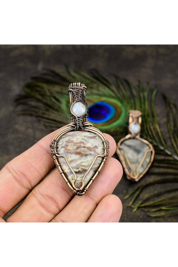 Natural Laguna Lace Agate Gemstone Copper Wire Wrap Gift Pendant 2.68"