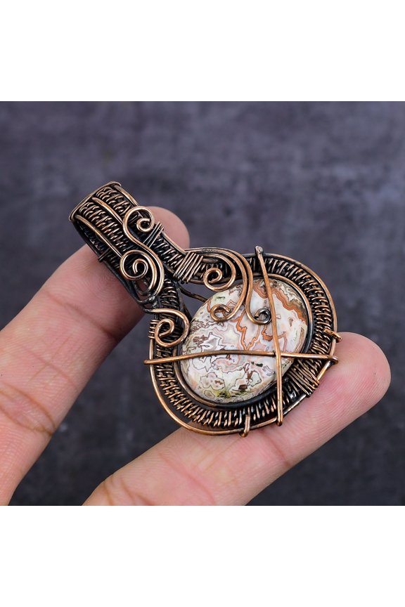 Natural Laguna Lace Agate Gemstone Copper Wire Wrap Jewelry Pendant 2.36"