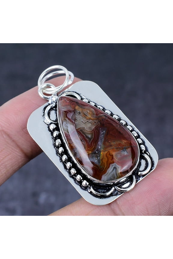 Natural Laguna Lace Agate Handmade 925 Sterling Silver Gift Pendant 2.05"