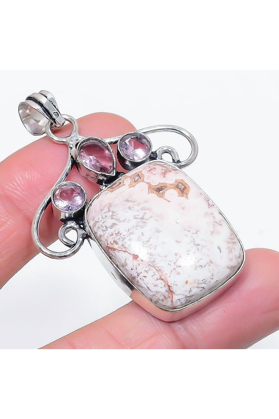 Natural Laguna Lace Agate, Kunzite 925 Sterling Silver Pendant 2.17"