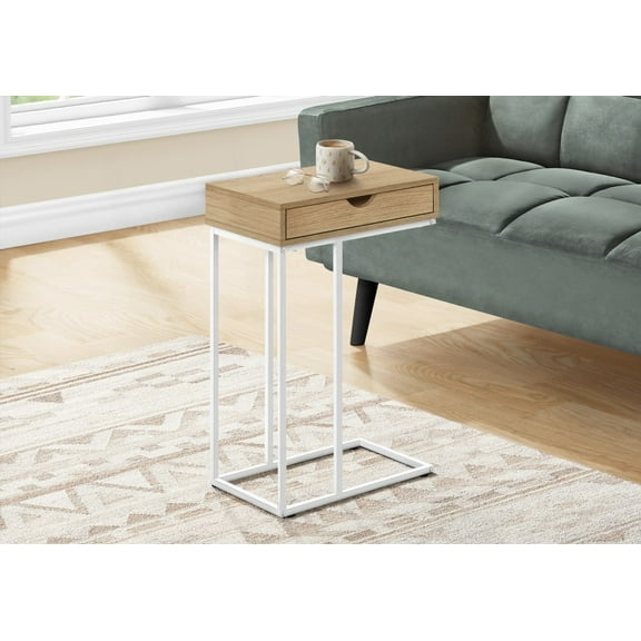 Natural Laminate & White Metal C-shaped Accent Table - Storage for Living/Bedroom