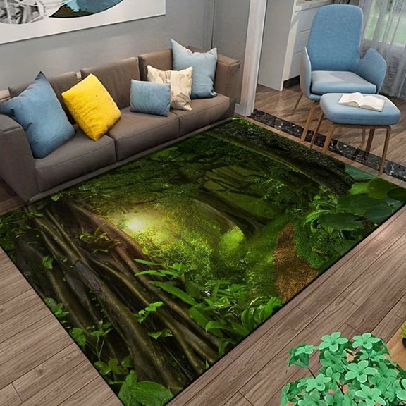 Natural Landscape 3D Green Forest Waterfall Pattern Printing Carpet for Bedroom Living Room Kitchen Restaurant Floor Mat Rugs