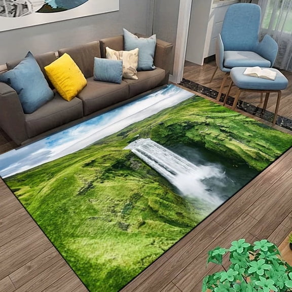 Natural Landscape 3D Green Forest Waterfall Pattern Printing Carpet for Bedroom Living Room Kitchen Restaurant Floor Mat Rugs