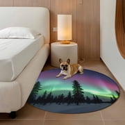 Natural Landscape 3ft Round Rug for Bathroom Accent Bedside Corner, Romantic Fantasy Auroras Vibrant Forest Snowfields Washable Non Slip Circle Area Rug for Small Spaces