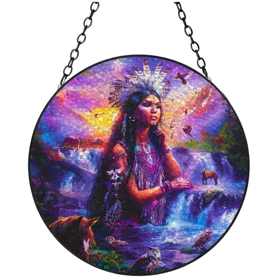 Natural Landscape American Native Indian Woman Stained Glass Suncatcher Handmade Window Hanging Colored Glass Suncatcher Crafts Kits for Indoor Garden Decor Memorial Gift 16x16cm(3)