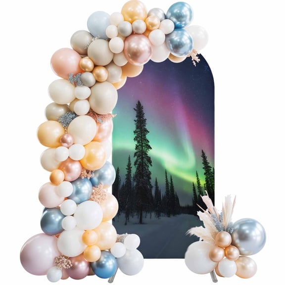 Natural Landscape Arch Backdrop Cover 4 FT Romantic Fantasy Auroras Vibrant Forest Snowfields Stretchy Elastic Arch Stand Covers Spandex Arched Background Birthday Wedding Party Decoration (No Stand)