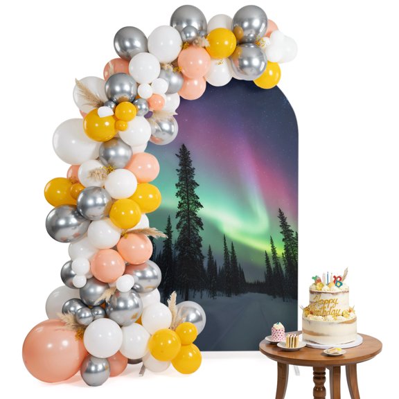 Natural Landscape Arch Backdrop Cover 4FT Romantic Fantasy Auroras Vibrant Forest Snowfields Spandex Fitted Arch Covers Stretchy Backdrop Decoration for Wedding Birthday Graduation Party