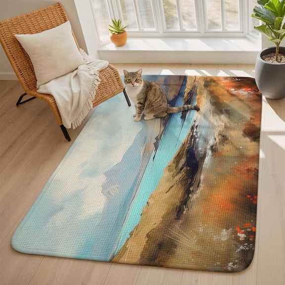 Natural Landscape Area Rugs for Living Room 5x6, Mountain Cloud and River Washable Area Rug with Non Slip Backing, Stain Resist Linen Carpet for Bedroom, Dining Room, Entryway, Entrance