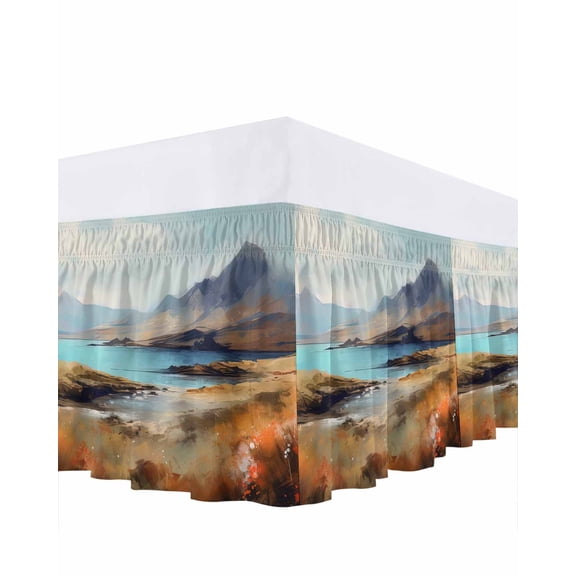 Natural Landscape Bed Skirt Queen Size 16" Drop Mountain Cloud and River Ruffled Wrap Around Bed Skirts Adjustable Elastic Bedskirt Dust Ruffle for Queen Size Bed