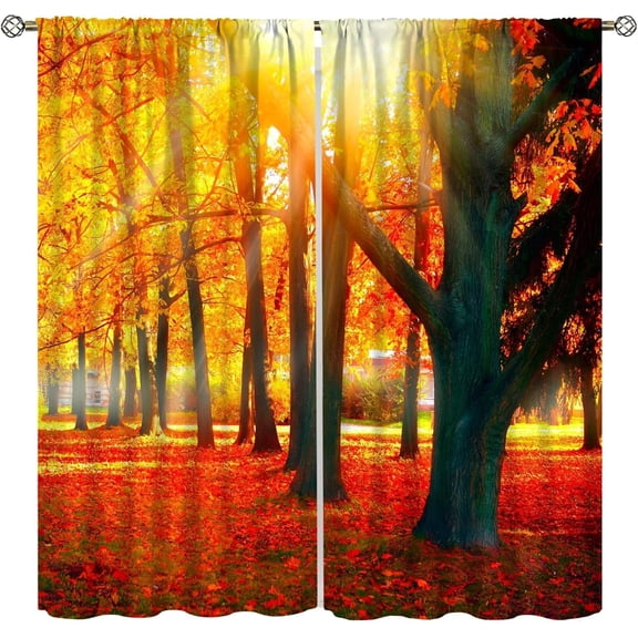 Natural Landscape Blackout Curtains, Forest Sunset Maple Leaf Lawn Woodland Pattern Printed Curtains for Bedroom Living Room Insulation Curtains 42x54 Inches