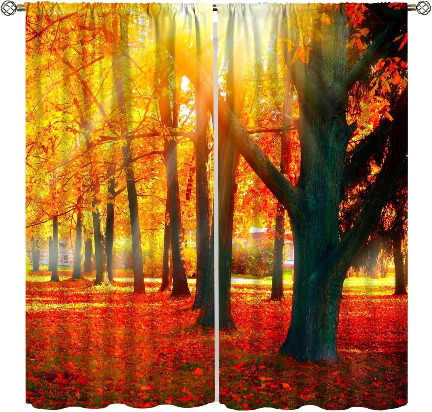 Natural Landscape Blackout Curtains, Forest Sunset Maple Leaf Lawn Woodland Pattern Printed Curtains for Bedroom Living Room Insulation Curtains 52x84 Inches
